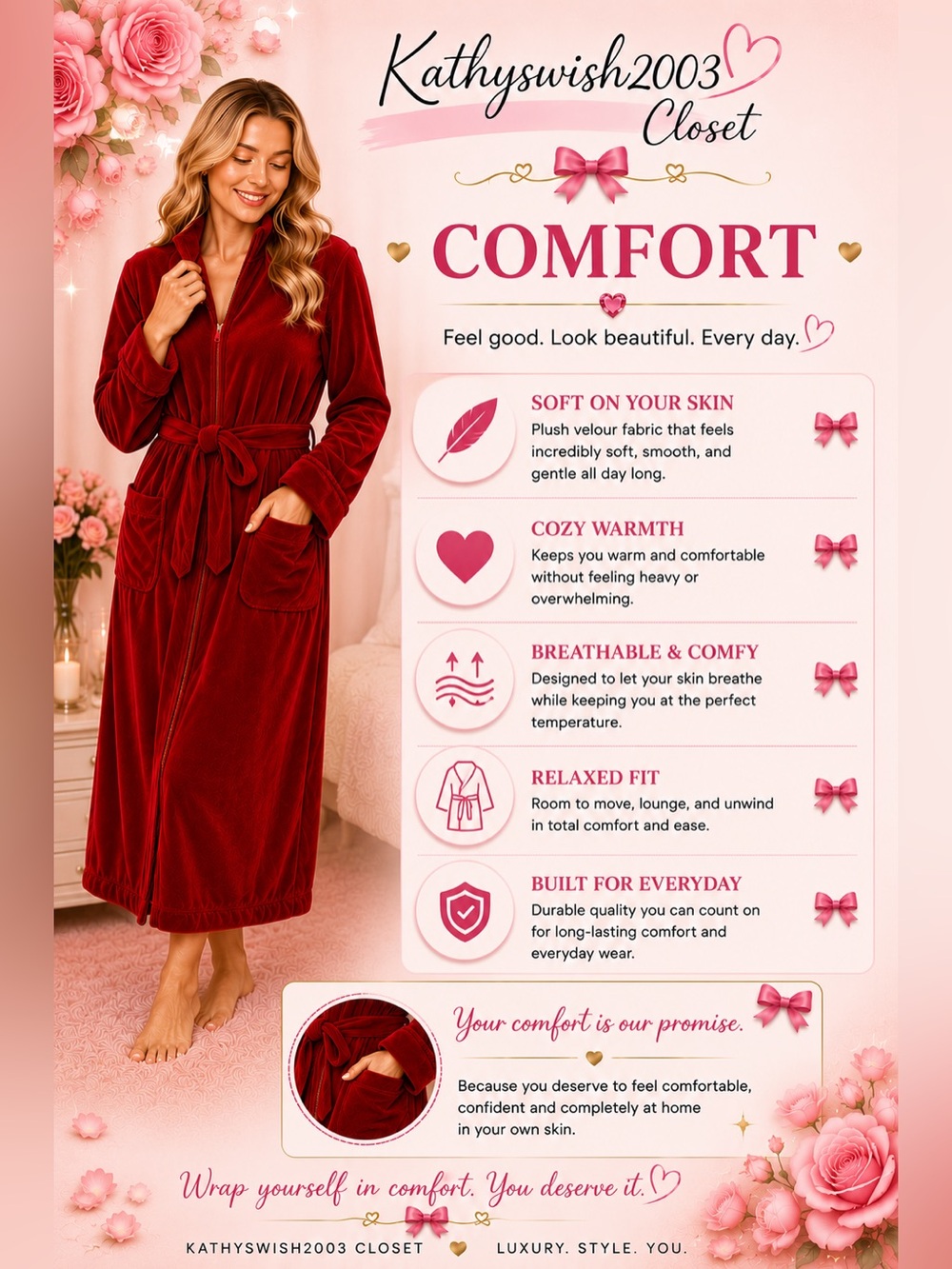 Nordstrom Rich Red Long Sleeve Velour Bathrobe - Picture 7 of 16